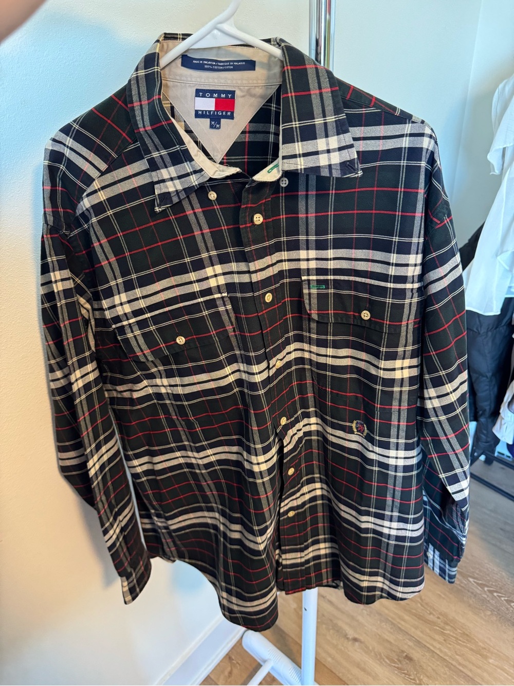 Vintage 90s Tommy Hilfiger Plaid Button Up Long Sleeve Polo Shirt Mens Medium